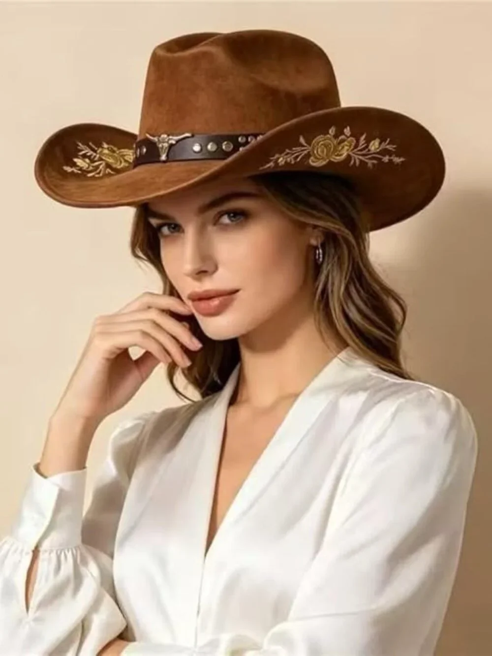 Brown Felt Cowboy Hat Gold Floral Embroidered Cowgirl Hat Rodeo Festival Boho